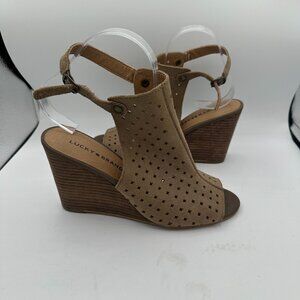 Lucky Brand Women's Rigina Wedge Perforated Leather Peep Toe Sandal Women's 8
